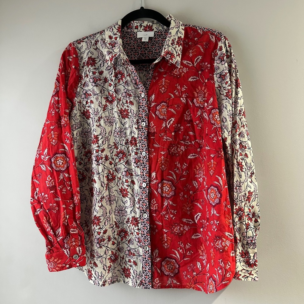 J. Jill Button Down Shirt Womens Med Petite Red Floral Block Print Lightweight